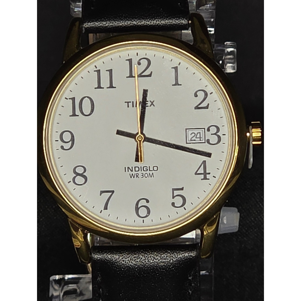 Timex Indiglo Analog Watch Gold Tone Case Black Leather Strap Date WR30M New - Picture 5 of 5